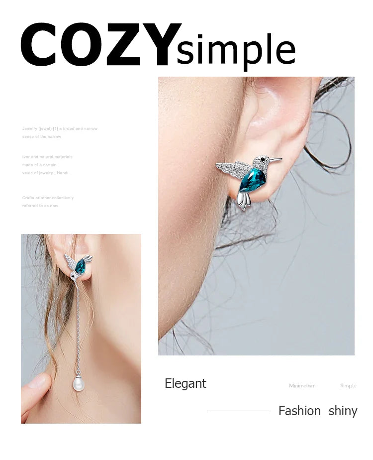 S925 Sterling Silver Hummingbird Freshwater Pearl Earrings Green Austrian Crystals Cute Animal Jewelry Gifts for Women Girls