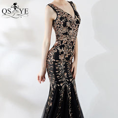 Double-V Black Mermaid Evening Dress Gold Lace Tulle Prom Gown Appliques Dress