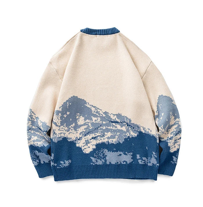 Men Hip Hop Streetwear Harajuku Sweater Vintage Japanese Style Snow Mountain Knitted
