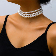 Multi-Layer White Imitation Pearl Necklace Bead  Chain Punk Ladies Wedding Short