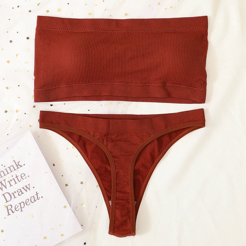 Women Bra Set Strapless Seamless Underwear Push Up Bra High Waist Thong