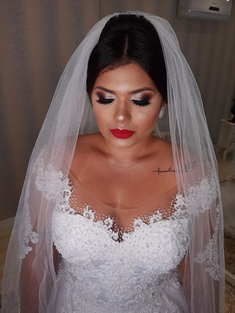White Bridesmaid Dresses: Lace Wedding Dress Plus Size Illusion Long Sleeve Pearls