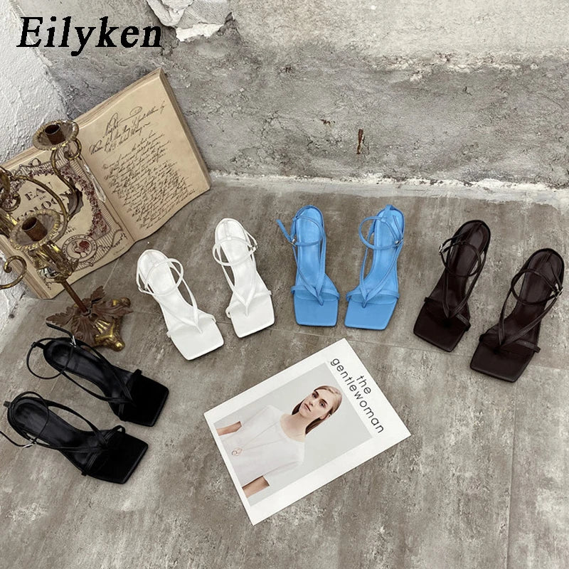 Eilyken New Fashion Pinch Narrow Band Women Sandals 2024 Summer Square Open Toe Ankle Buckle Strap High Heels Ladies Shoes