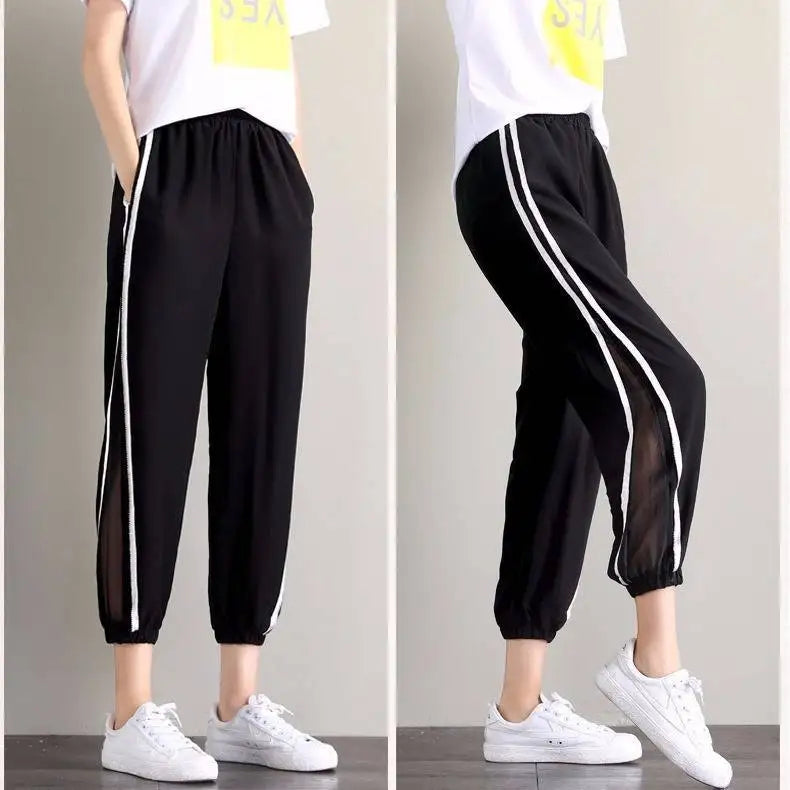 Black Joggers Side Striped Women's Harem Pants High Waist Lace cutout