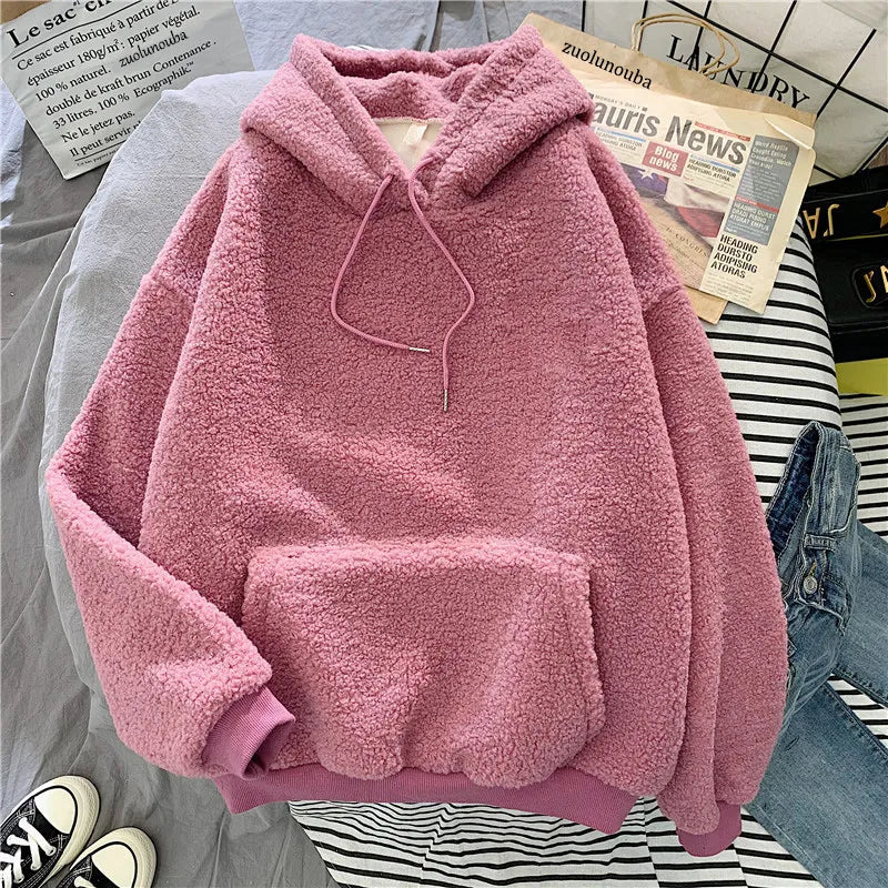 Thick Warm Coat Velvet Cashmere Women Hoody Sweatshirt Solid Blue Pullover