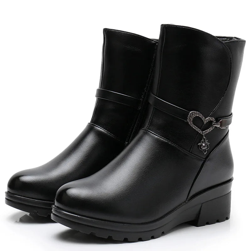 Winter Women Mid Calf Boots Casual Round Toe Zipper Plush Warm Female Shoes
