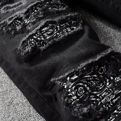 Men's Bandanna Paisley Printed Patchwork Stretch Jeans Streetwear Black Denim