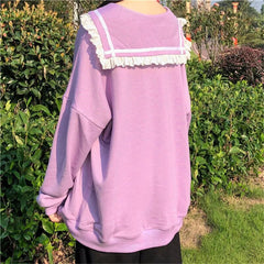 Women Hoodies Loose Hooded Sailor collar Cute Lace patchwork female