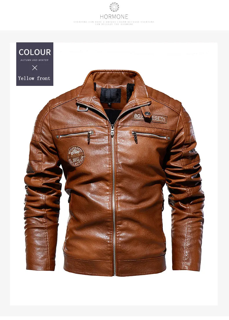 Leather Jacket Men Winter Fleece Motorcycle PU Leather Jacket Mens Stand Collar