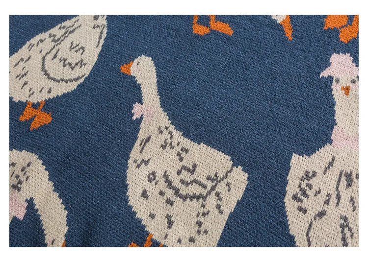 Japanese Knitted Sweater Men Cartoon Animal Duck Goose Print Pullover