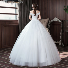 Wedding Dress Embroidered Lace on Net Boat Neck Lace up Marry Dresses