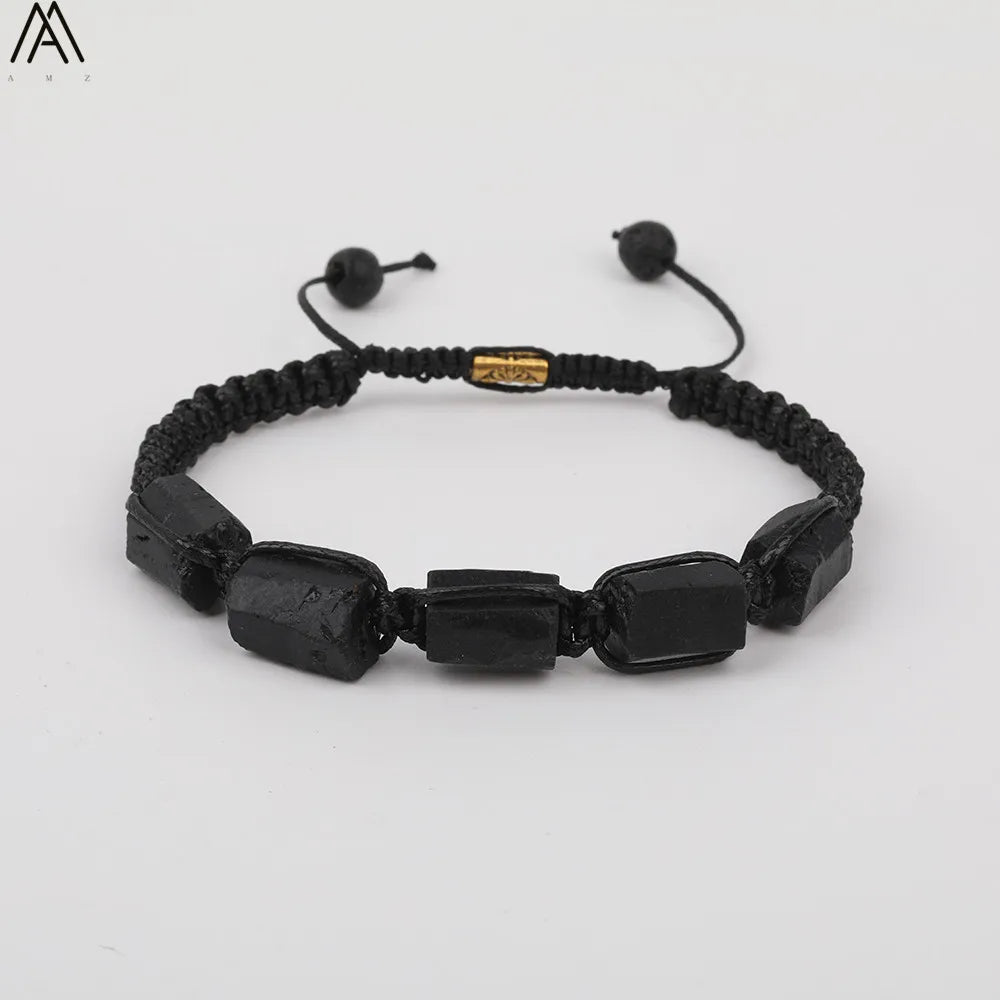 Natural Black Tourmaline Nugget Beads Knotted Handmade Woven Bracelet Women Stone Beads Braid Bracelet Adjustable N0456AMI