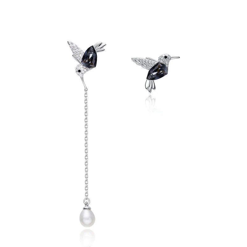 S925 Sterling Silver Hummingbird Freshwater Pearl Earrings Green Austrian Crystals Cute Animal Jewelry Gifts for Women Girls
