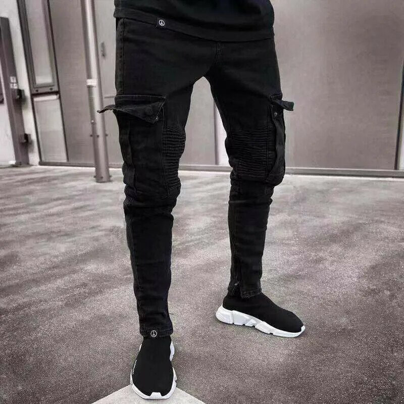 Fashion Mens Slim Fit Urban Straight Leg Black Trousers Denim Casual Pencil Jogger Cargo Pants S-3XL