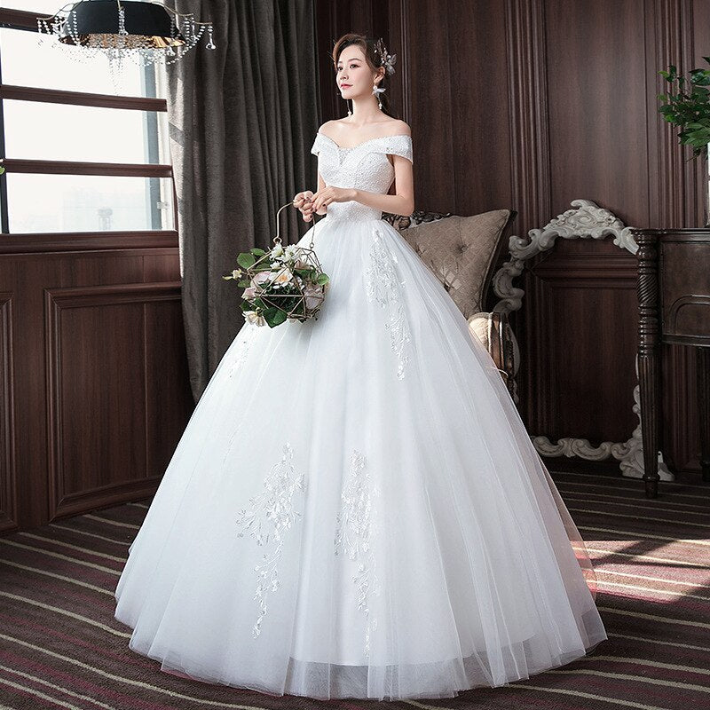 Wedding Dress Embroidered Lace on Net Boat Neck Lace up Marry Dresses