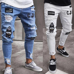 Men Stretchy Ripped Skinny Biker Embroidery Cartoon Print Jeans Destroyed Hole