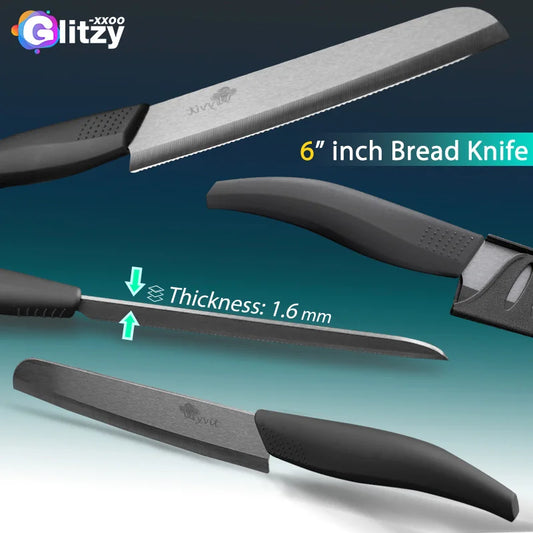 Ceramic Knife 3 4 5 6 inch Serrated Bread Knife Kitchen Black Zirconia Blade Knife