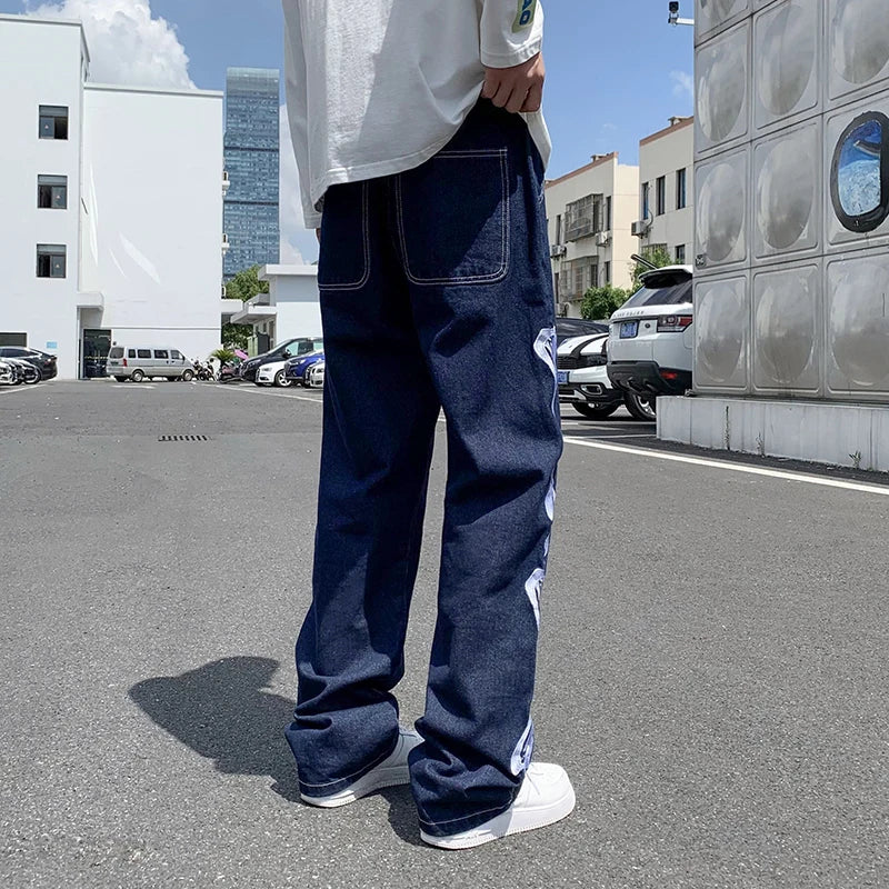 Embroidery Straight Jean Pants Couples Mopping Trousers Mens Streetwear