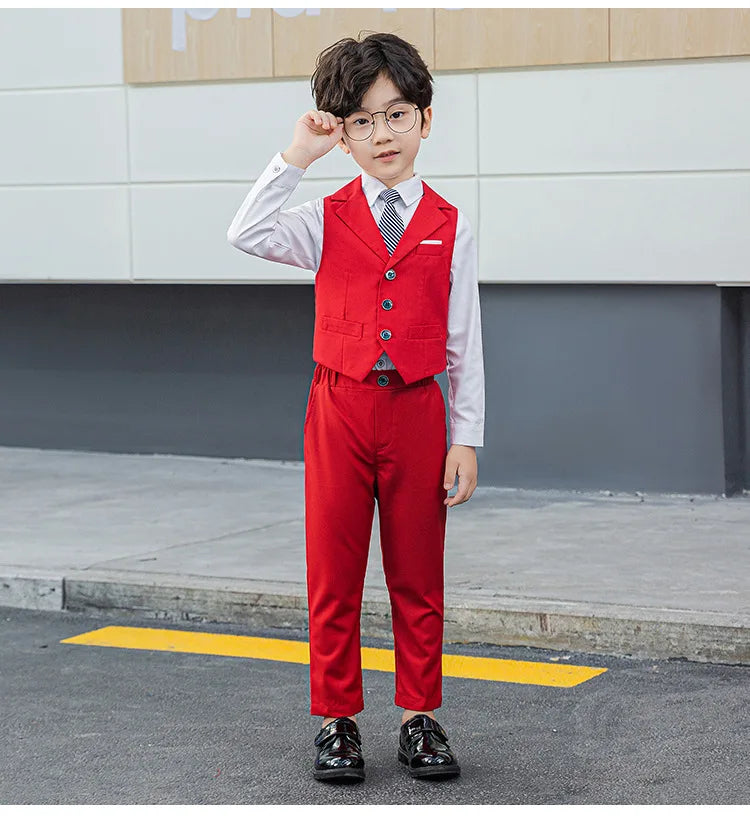 Boy Top Ring Bearer Waistcoat Clothes Set Kids Formal Suits Child Tie Long Sleeve Shirt Vest Trousers Toddler Gentleman Outfits