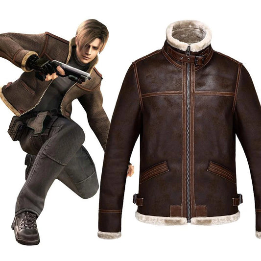 Leon S Kennedy Motorcycle Faux Leather Jacket Men Winter Fleece Plush Riders Jacket