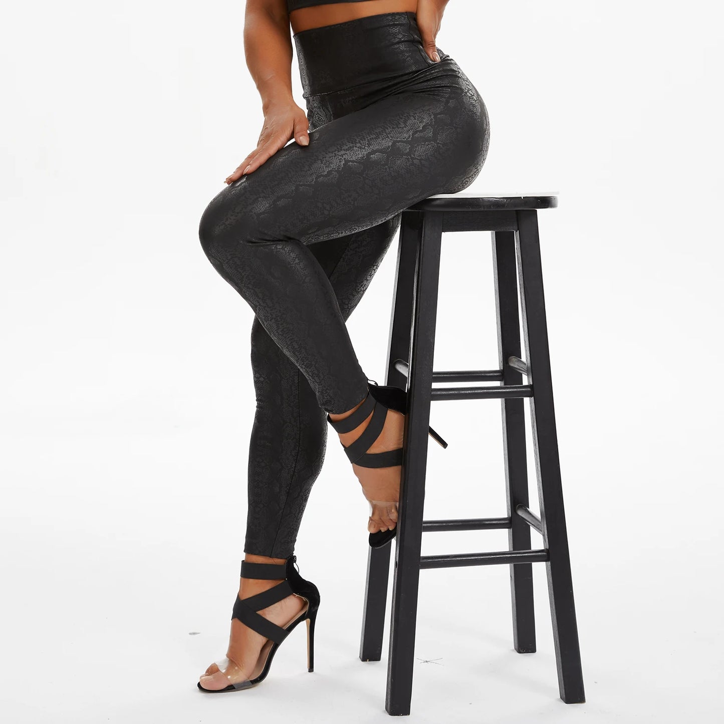 High Waist Leather Leggings for Women Leopard Snake Leather Trouser Black