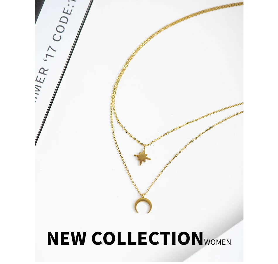 Moon Star Layered Necklace for Women Girl Sweater Pendant Necklaces Gold Plated