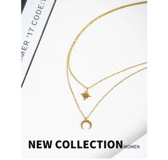 Moon Star Layered Necklace for Women Girl Sweater Pendant Necklaces Gold Plated