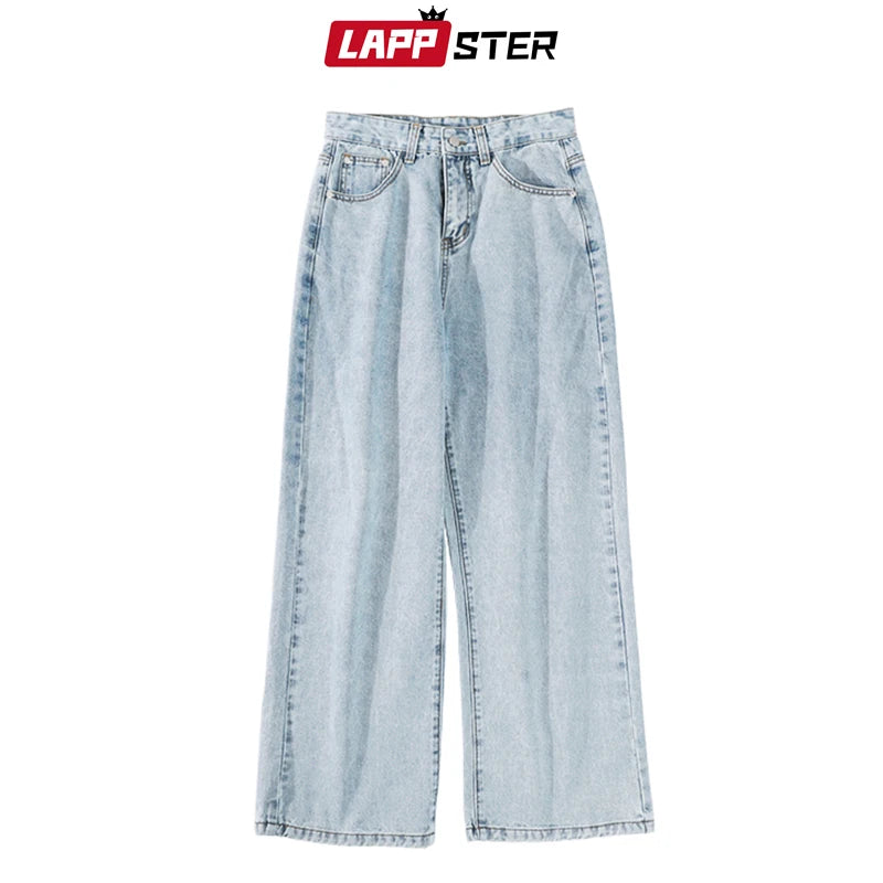 LAPPSTER Men Korean Streetwear Wide Legs Baggy Jeans