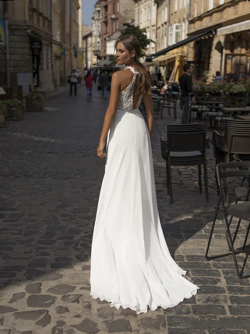 White Bridesmaid Dresses: Wedding Dress White High Split Jewel Neck Chiffon