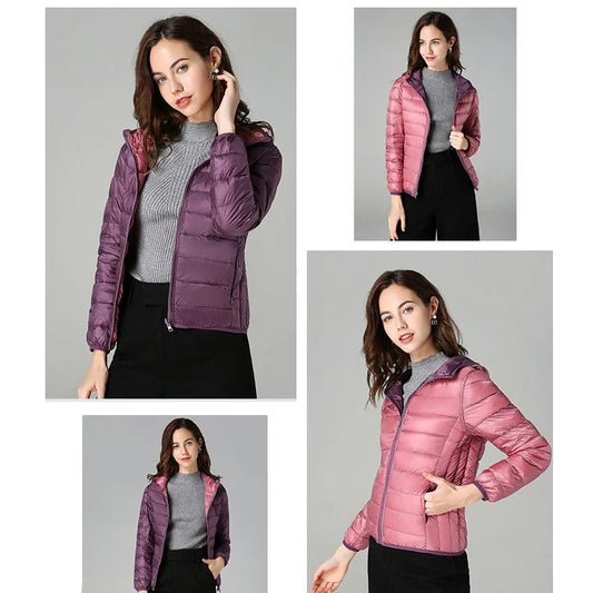 Women Ultra Light 90% Duck Down Jacket Hooded Jackets Long Sleeve Double