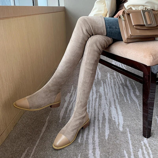 Genuine leather Women low Heels Over The Knee High Boots Party Shoes