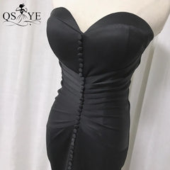 QSYYE Front Split Black Mermaid Long Prom Dress Fitted Elastic Ruched Evening Gown Buttons Formal Party Sweetheart Girls Gown
