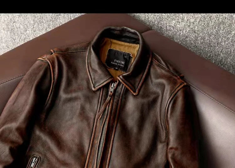Men Leather Jacket  Swallow Tailed Vintage Motorcycle Top Cowhide Coat
