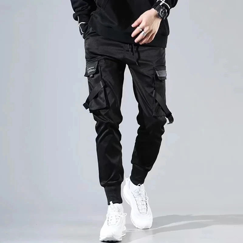 Ribbons Harem Joggers Men Cargo Pants Streetwear Hip Hop Casual Pockets