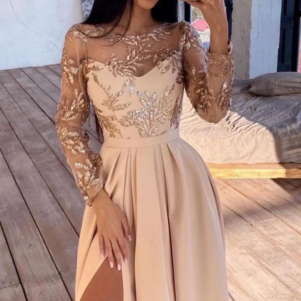 Evening wear Dresses: Women Dress O-Neck High Split Bronzing Maxi Dress