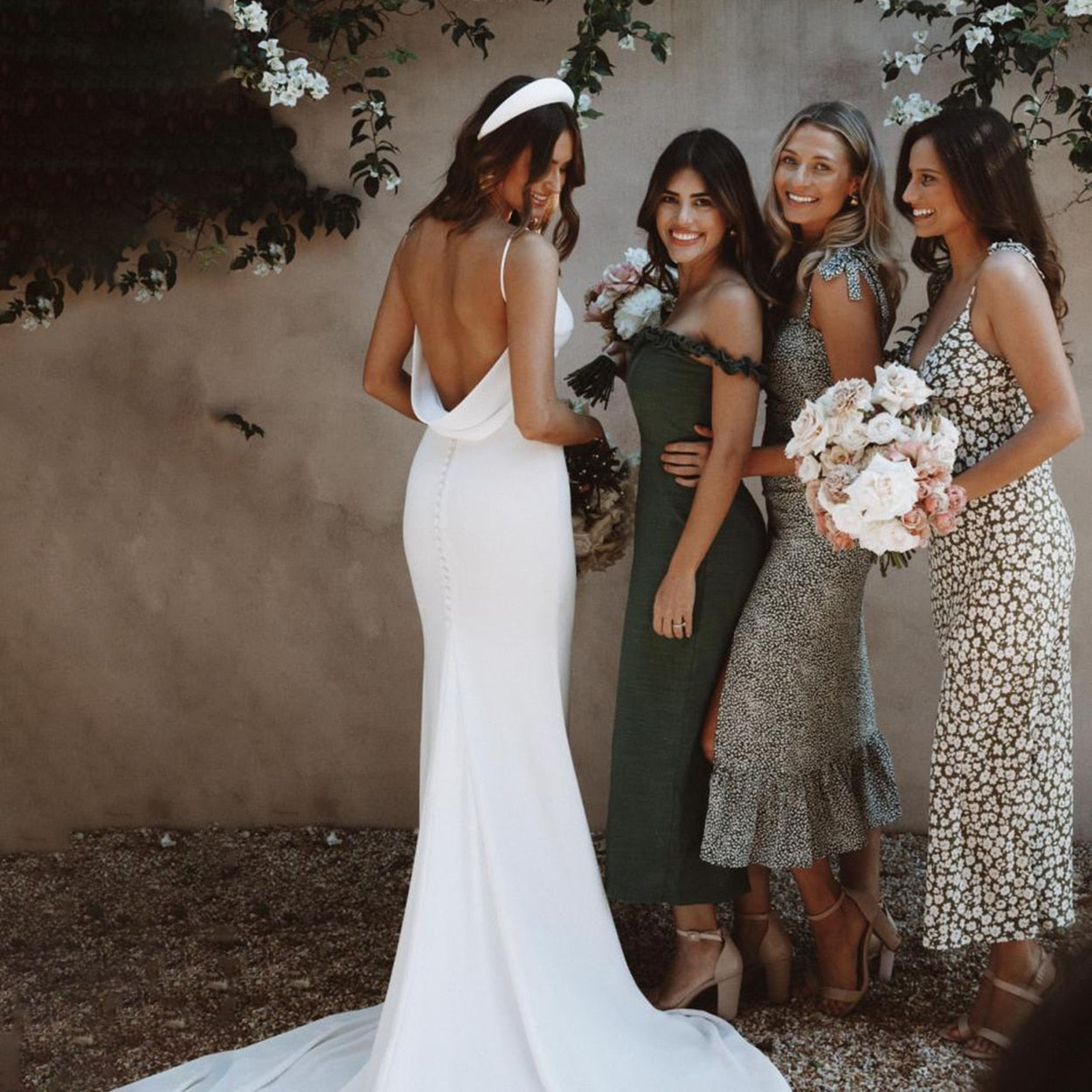 White Bridesmaid Dresses: Wedding Dress Long Train Backless Buttons Draped