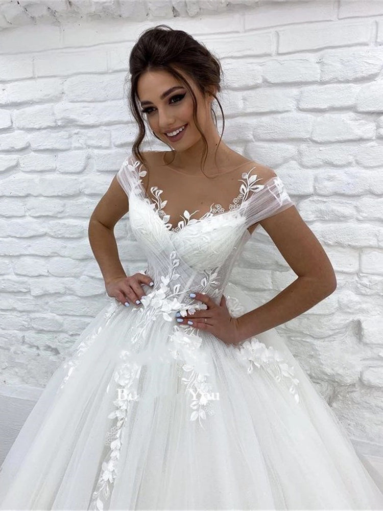 Ivory Wedding Dress Tulle V-neck A-line Long