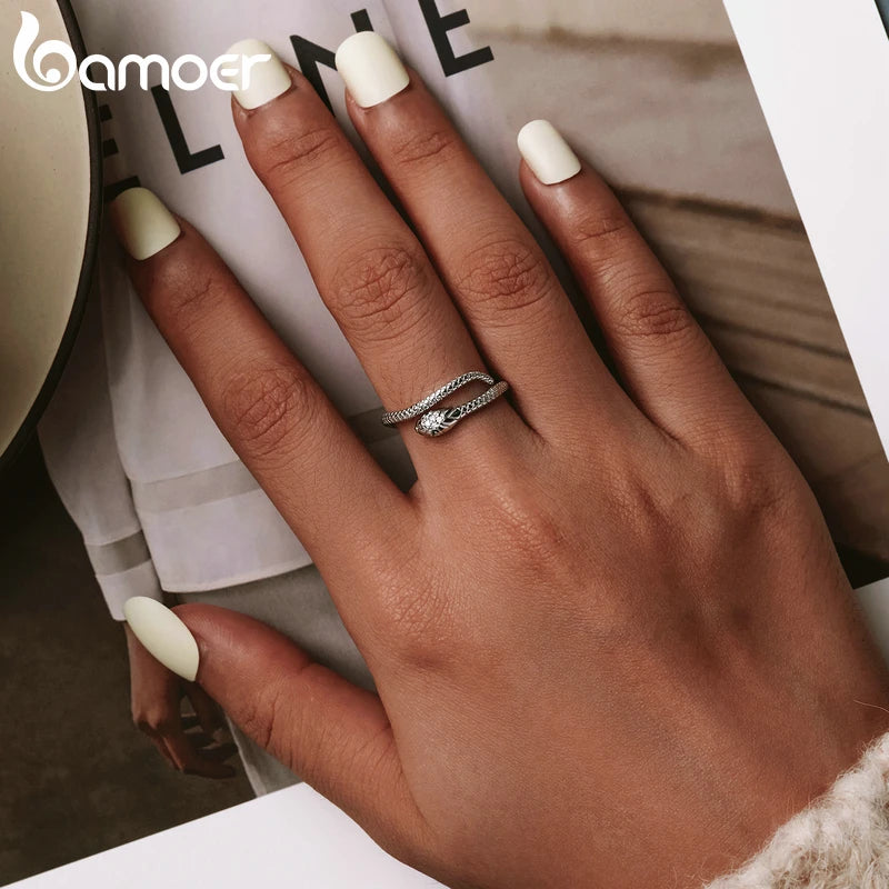 BAMOER 925 Sterling Silver Platinum Plated Adjustable Ring, Green Zircon Retro Textures Snake Ring Fashion Jewelry 4 Colors