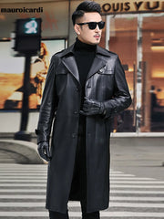 Long Smart Black Waterproof Leather Trench Coat Men Lapel belt Autumn Soft