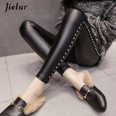 PU Leather leggings Women Winter Fleece Matte Chic Rivets Push Up Pencil