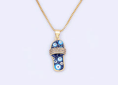 Pave CZ Rhinestone Enamel Slipper Pendant For Women Blue Evil Eye Necklace