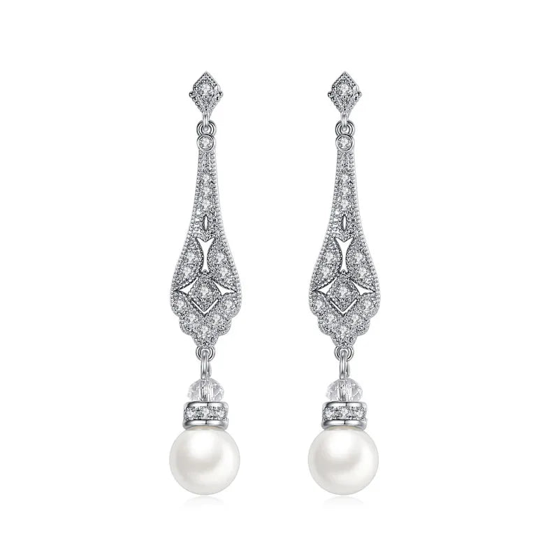 SLBRIDAL Pave Setting Fashion CZ Crystal Pearl Women Girls Earring AAA Grade Cubic Zircon Earring Bridal Wedding Dangle Earring