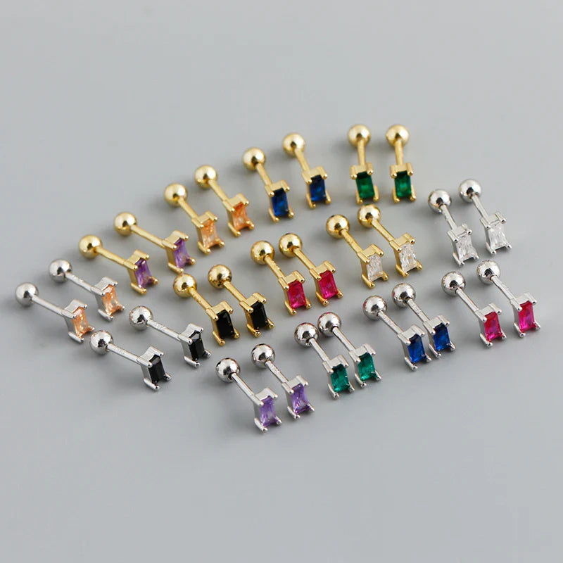 WANTME 925 Sterling Silver Colorful Square Shiny Zircon Beads Piercing Stud Earrings for Women Fashion Gothic Exquisite Jewelry