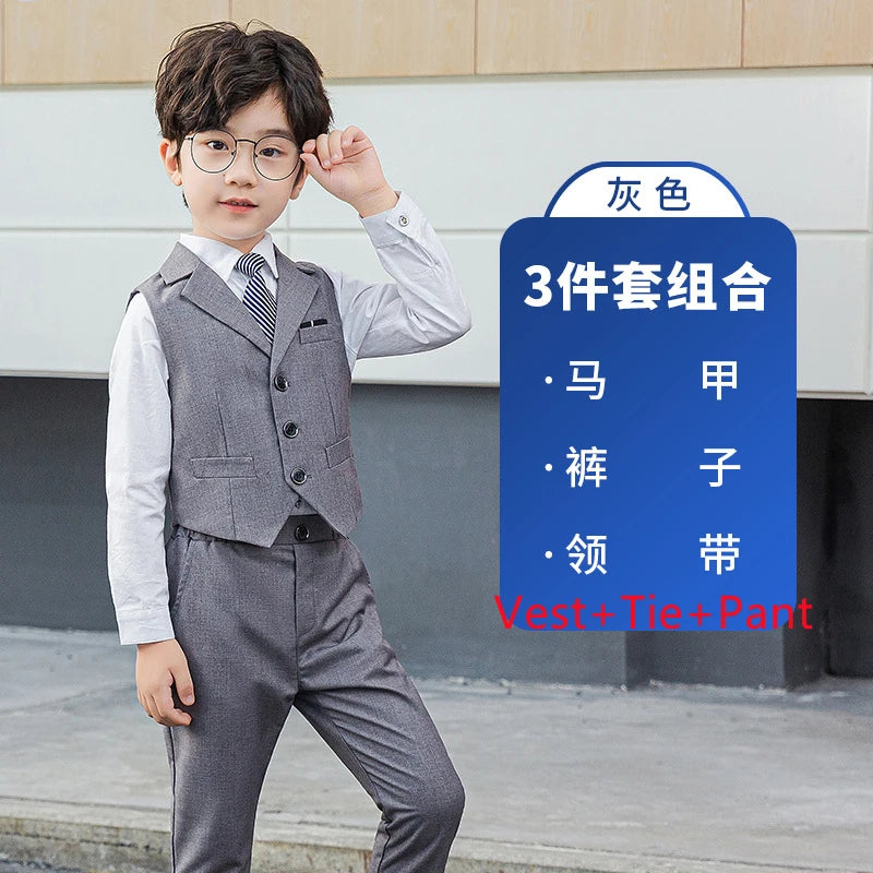 Boy Top Ring Bearer Waistcoat Clothes Set Kids Formal Suits Child Tie Long Sleeve Shirt Vest Trousers Toddler Gentleman Outfits