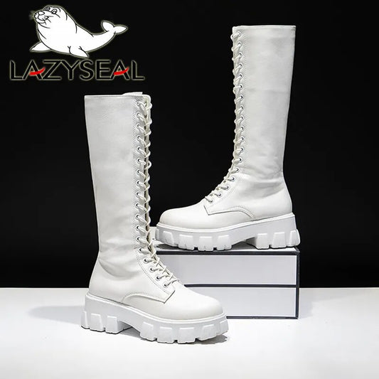 LazySeal Winter Long Boot Shoes Women White Lace Up Zip Height Increasing