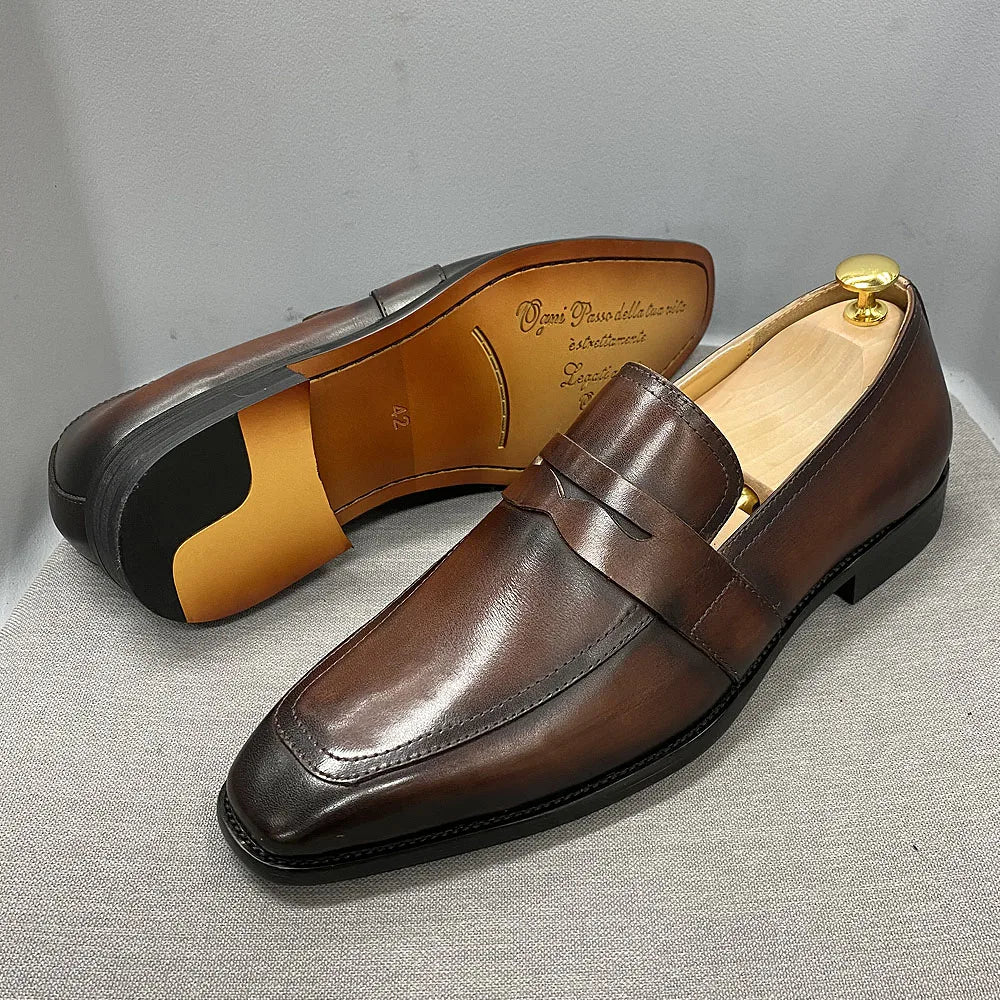 Size 7 To 12 Classic Mens Penny Loafers Genuine Cow Leather Dress Shoes Brown Handmade Slip on Italian Style Office Formal Shoes