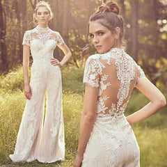 Jumpsuit Wedding Dresses For Women Lace Applique Short Sleeve