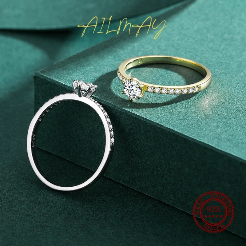 Ailmay Classic 925 Sterling Silver Sparkling Clear Zircon Golden Color Rings For Women Wedding Engagement Fine Female Jewelry