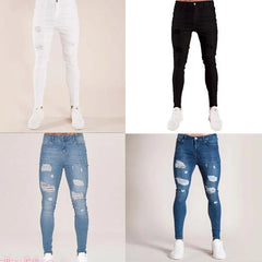 Mens Jeans Hip Hop White Moto Skinny Ripped Pure Color Elastic Denim Pants