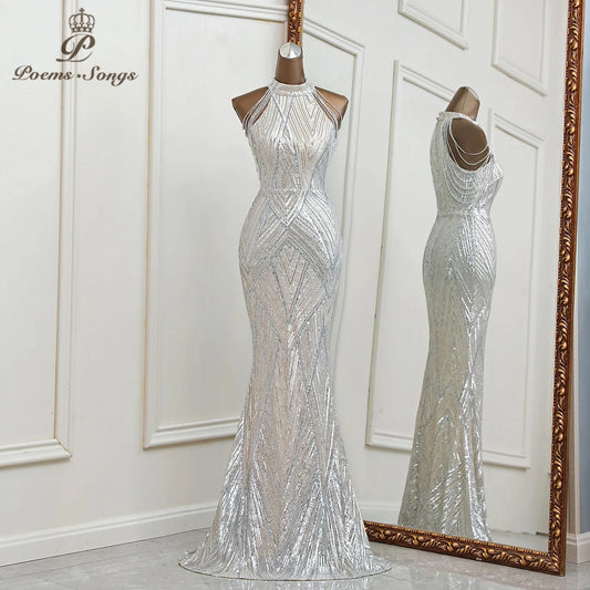 Silver mermaid evening dress robe de soiree femme vestidos de fiesta bridesmaid dress